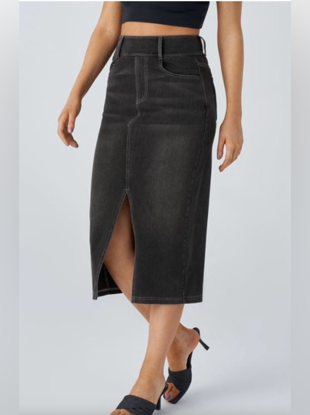 HALARA Denim Pencil Skirt with Front Slit and pockets